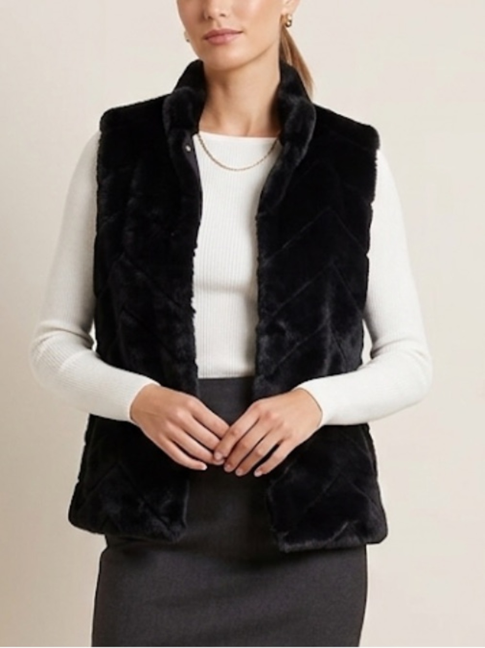 Vintage Preston & York Black Velvety Plush Chevron Faux Fur Vest S Black Cozy